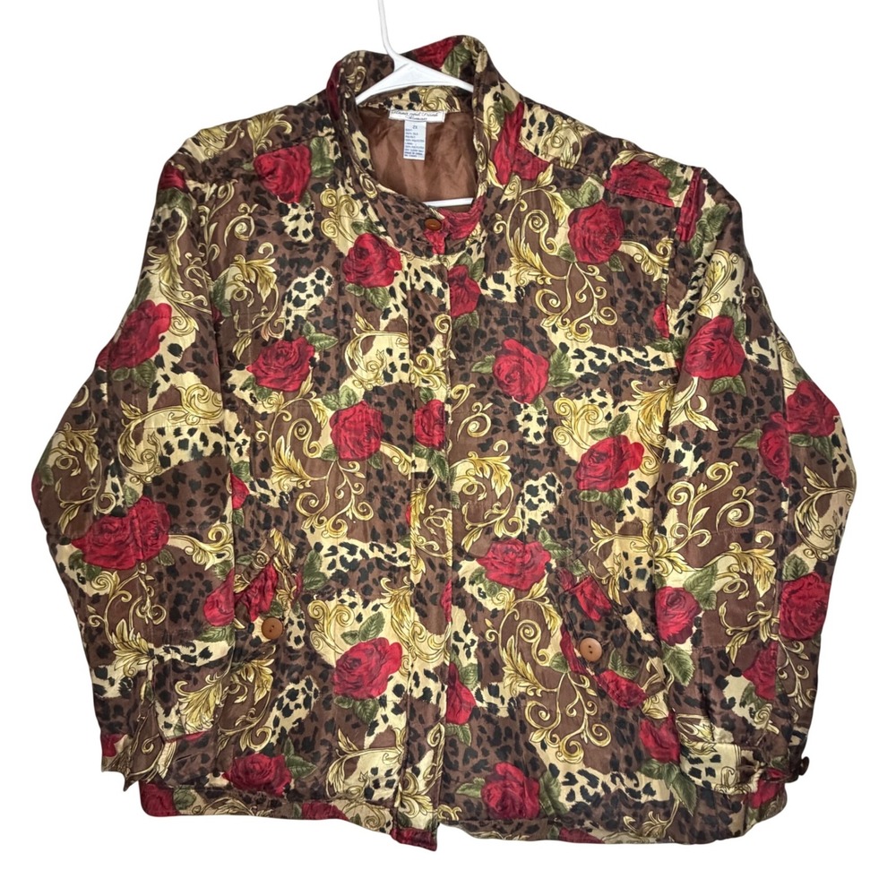 Vintage Anna and Frank 100% Silk Puffer Jacket Rose Leopard Baroque Womens 2XL